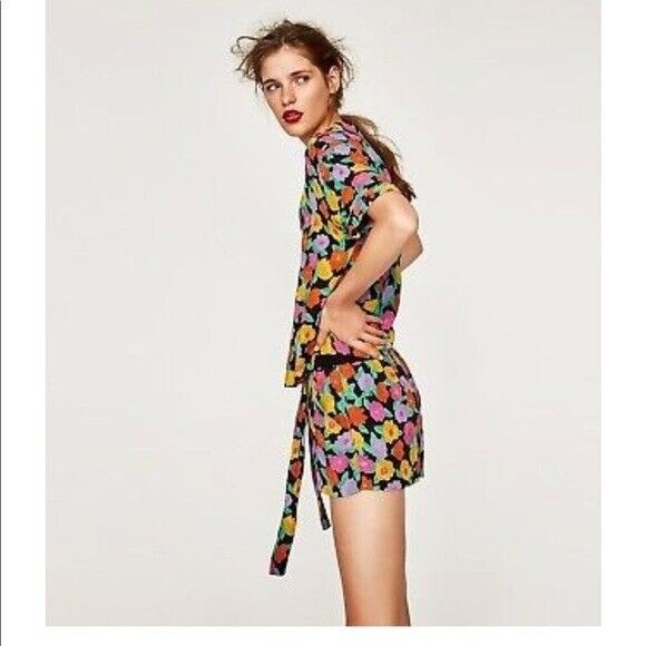 ZARA Trafaluc Small Floral Print Button-Up Shirt Open V-Neck Rolled Short Sleeve - Picture 3 of 16